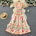 French riviera style v-neck printed flutter sleeve dress - women's spring/summer a-line maxi dress - elegant work-ready dress