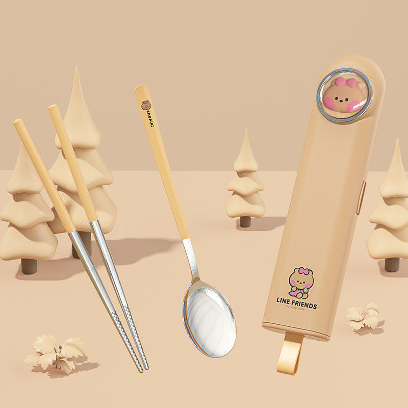 Cartoon cute portable tableware box student spoon chopsticks stainless steel picnic outdoor travel tableware set wholesale