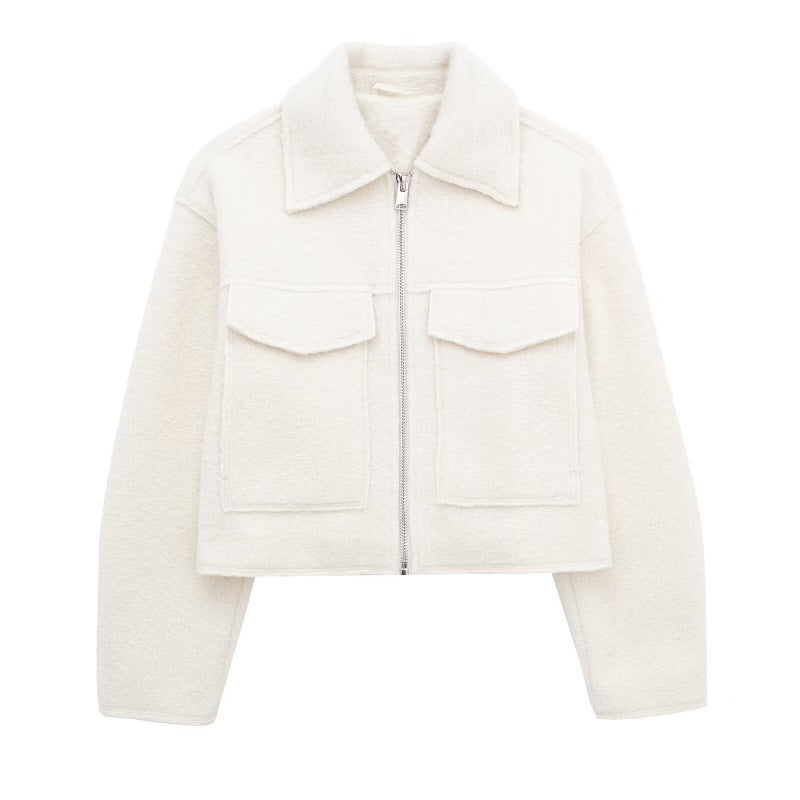 spring/autumn women's designer wool blend jacket: unique streetwear style, relaxed fit, cropped length