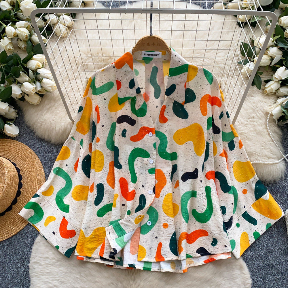Korean style commute chic colorful geometric print long sleeve shirt - women's summer breathable, skin-friendly, loose fit cardigan top