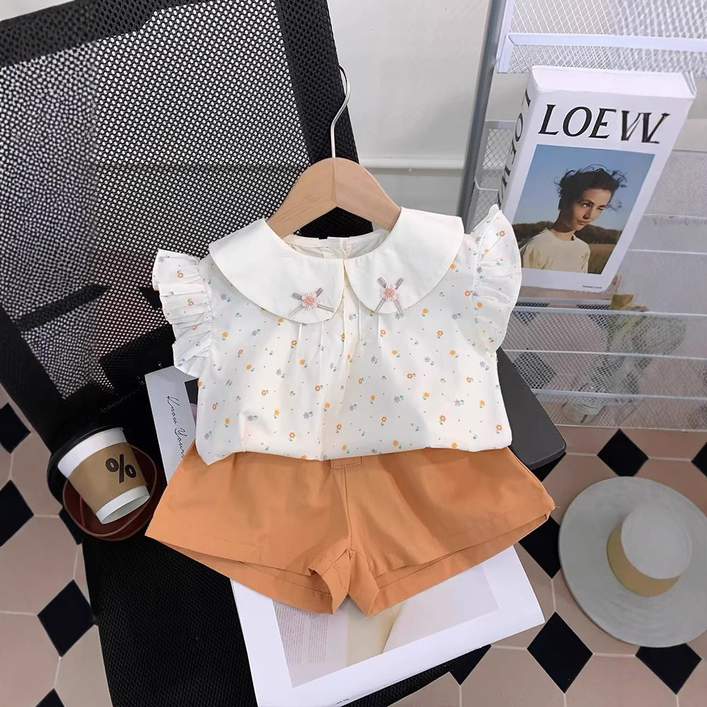 Girls' summer outfit set : trendy and stylish kids' shorts and top casual two-piece set - wholesale supply