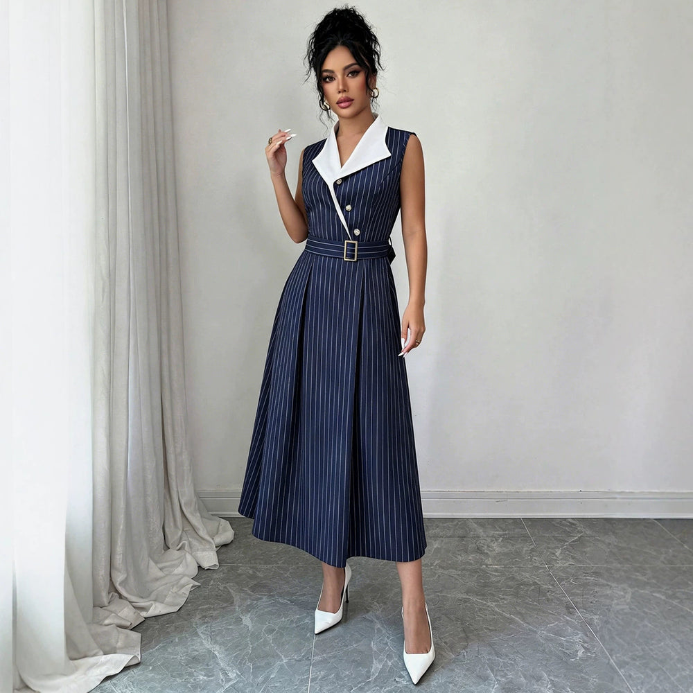 cross-border fashion women's work dress - navy pinstripe v-neck blouse dress with belted waist for a slimming silhouette