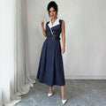 cross-border fashion women's work dress - navy pinstripe v-neck blouse dress with belted waist for a slimming silhouette