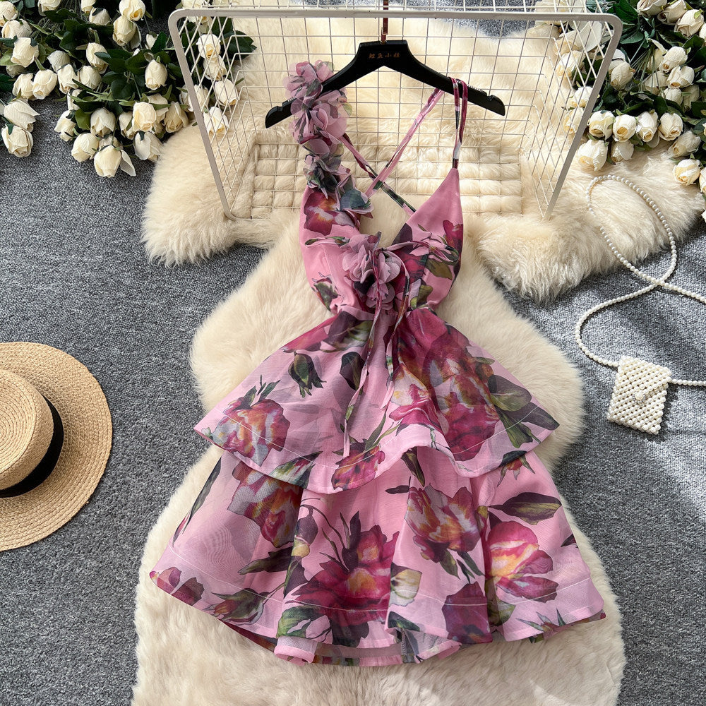Romantic vacation style v-neck floral print dress - women's summer backless tie-up a-line dress - sexy, elegant, and slimming