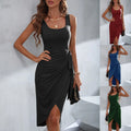 Amazon fashion cross-border work clothing style square neck sleeveless dress summer new style asymmetrical pulloverpure color midi skirt