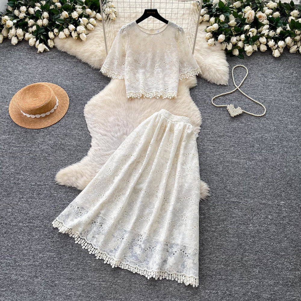 French gentle style heavy industry lacecut outtops high waist skirt women's summer gentle style two-piece set work clothing slimming look