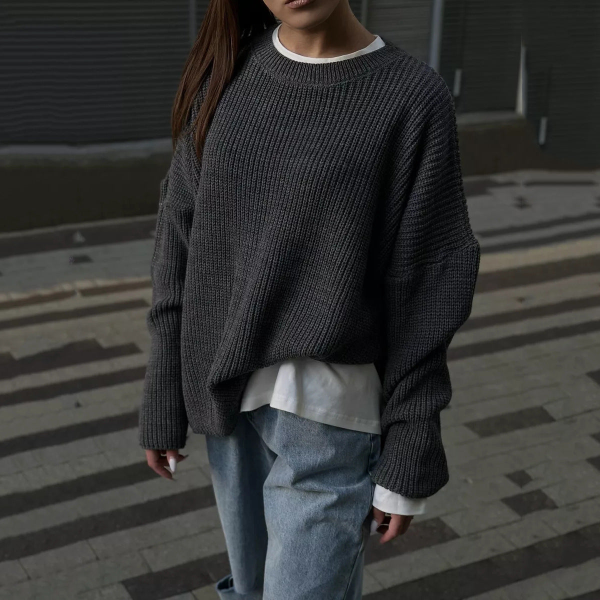 Cross-border solid color crew neck sweater 2024 European and American spring and autumn loose knitted sweater Ins  pullover women