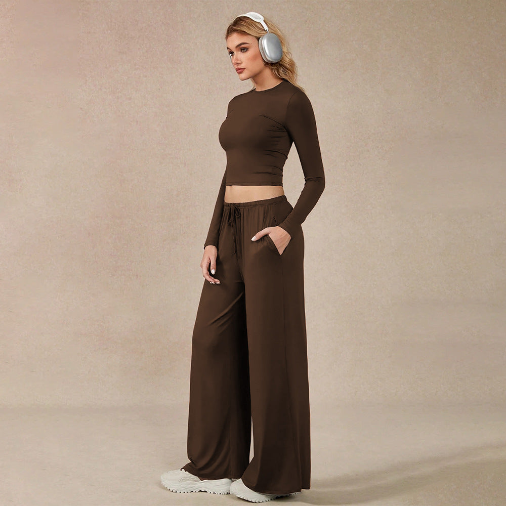 European and american lazy style two-piece set: brown long-sleeve cropped top and wide-leg casual pants - fashionable and comfortable women's outfit