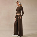 European and american lazy style two-piece set: brown long-sleeve cropped top and wide-leg casual pants - fashionable and comfortable women's outfit