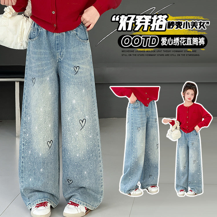 Girls' jeans, wide-leg pants, and straight-leg trousers for older girls - spring/autumn  new styles - hot rhinestone trendy designs for middle school girls