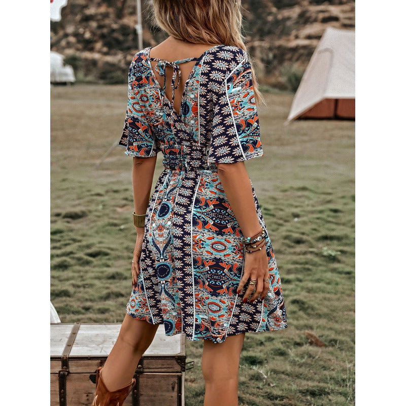 Aliexpress cross-border burizaya full-print butterfly sleeve dress with waist, vacation beach dress