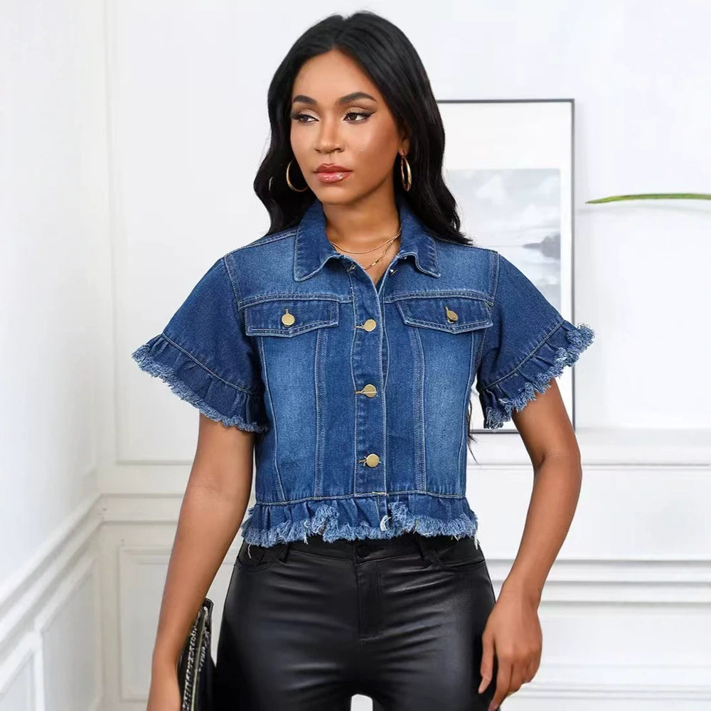 Amazon  cross-border fashion trendy turn-down collar washed fringe denim jacket shirt for summer (us/eu)