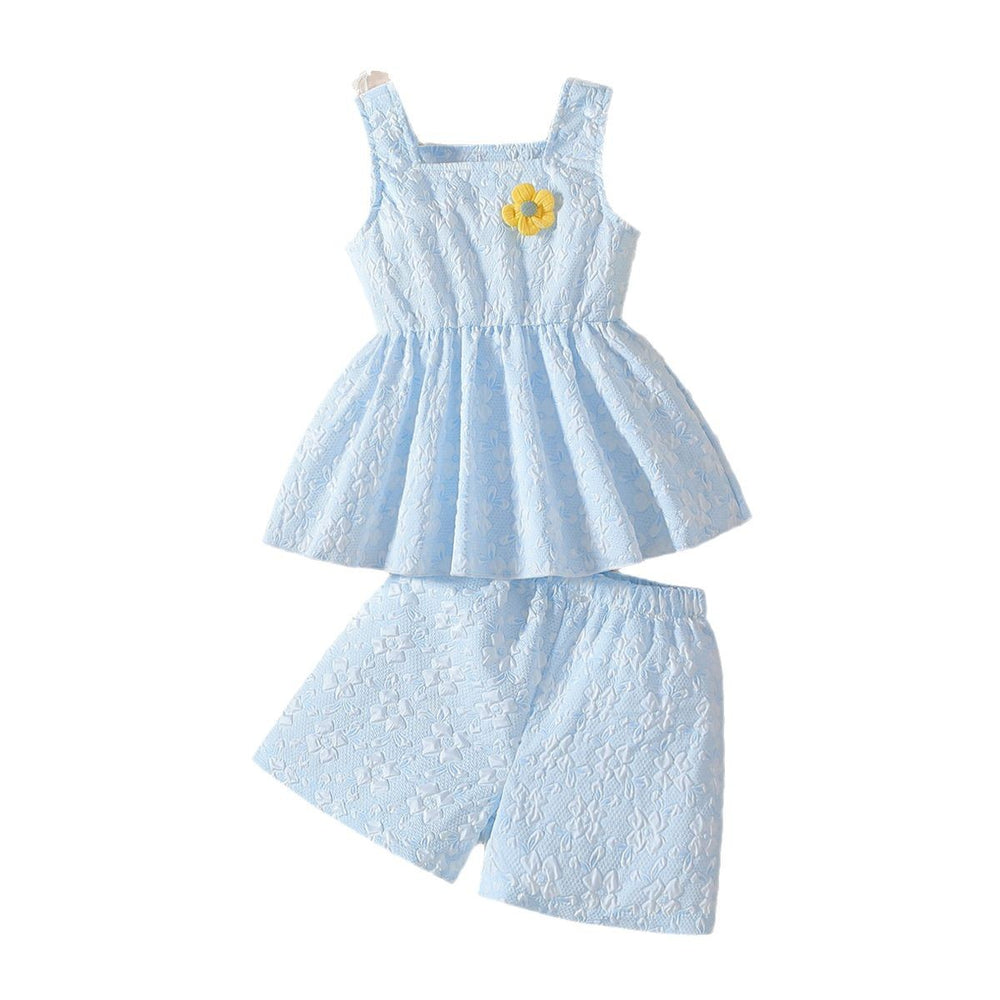 Summer girls' tank top set - korean style floral embroidery print, ruffle hem, sky blue two-piece outfit for kids