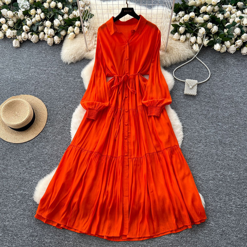 Luxury french style polo neck lantern sleeve shirt dress - women's summer tie-waist maxi dress - ethereal & stunning elegant long dress