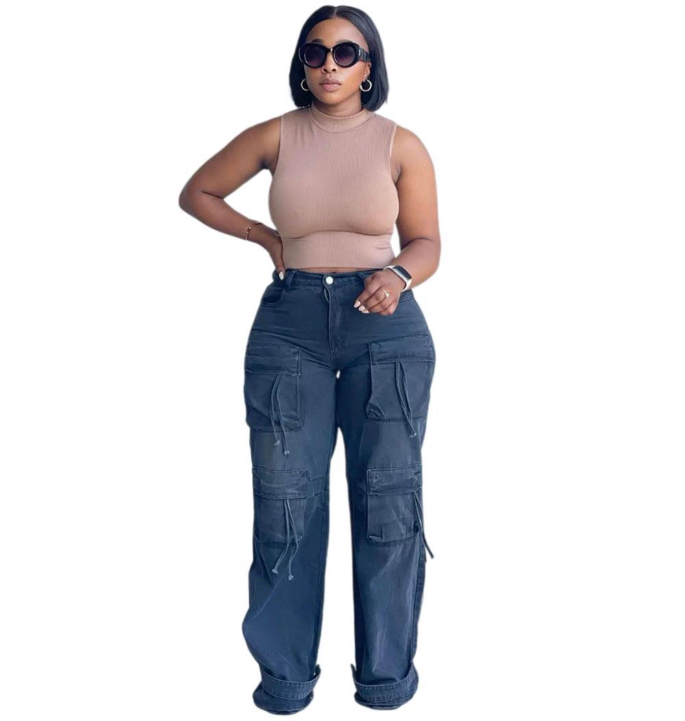 European and american style high-waisted jeans -  cross-border women's fashion trendy multi-pocket straight-leg cargo casual pants