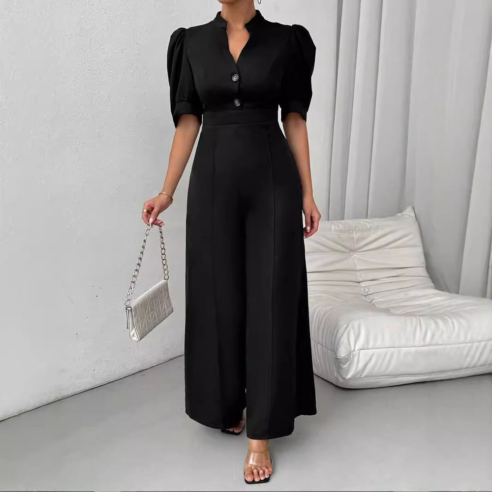 Amazon cross-border foreign trade spring & fall v-neck fashion jumpsuit women's waist short-sleeved wide-leg pants commuter style slimming look