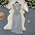 Korean chic niche retro polo collar sleeveless color block striped slit irregular knit dress