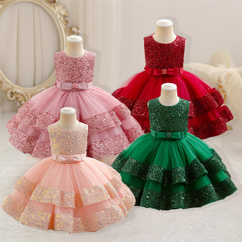 Girls' sequin patchwork round neck vest dress - stylish & customizable baby & toddler birthday & first birthday dress - oem available