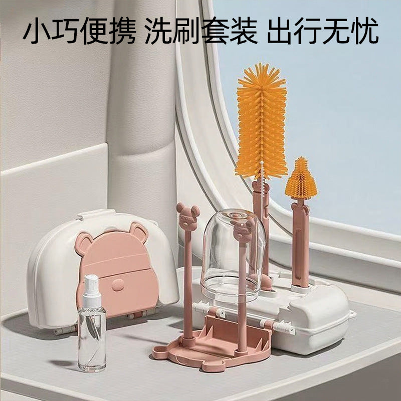 Special cleaning brush for baby bottles Silicone brush set Baby pacifier Straw brush Portable travel bag Drain rack