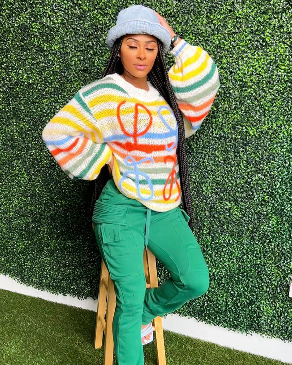 European and american cross-border women's clothing:  spring streetwear casual colorful striped crochet loose-fit long-sleeve sweater top