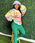 European and american cross-border women's clothing:  spring streetwear casual colorful striped crochet loose-fit long-sleeve sweater top