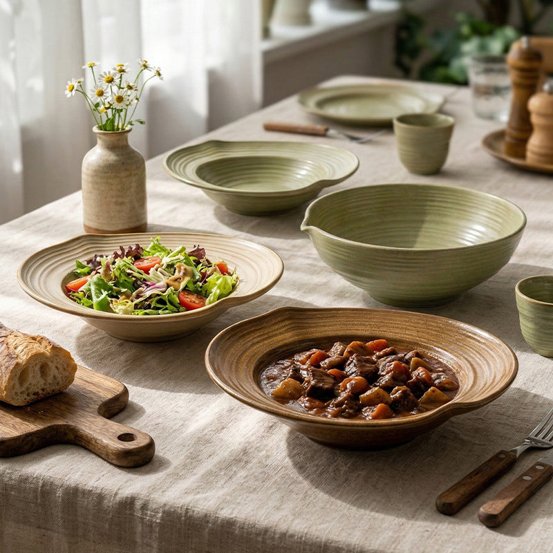Spiral pattern rustic ceramic soup plate, vintage high-end ceramic salad plate, home restaurant food presentation deep dish pasta plate