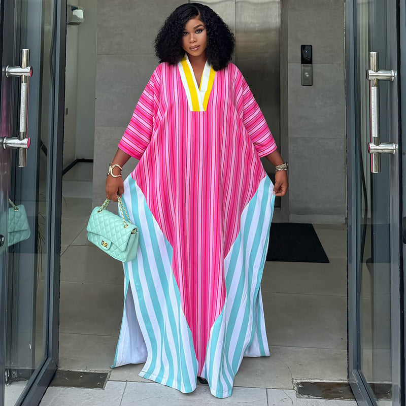 European and american cross-border african women's clothing  spring new arrival: chic and stylish v-neck striped loose long dress