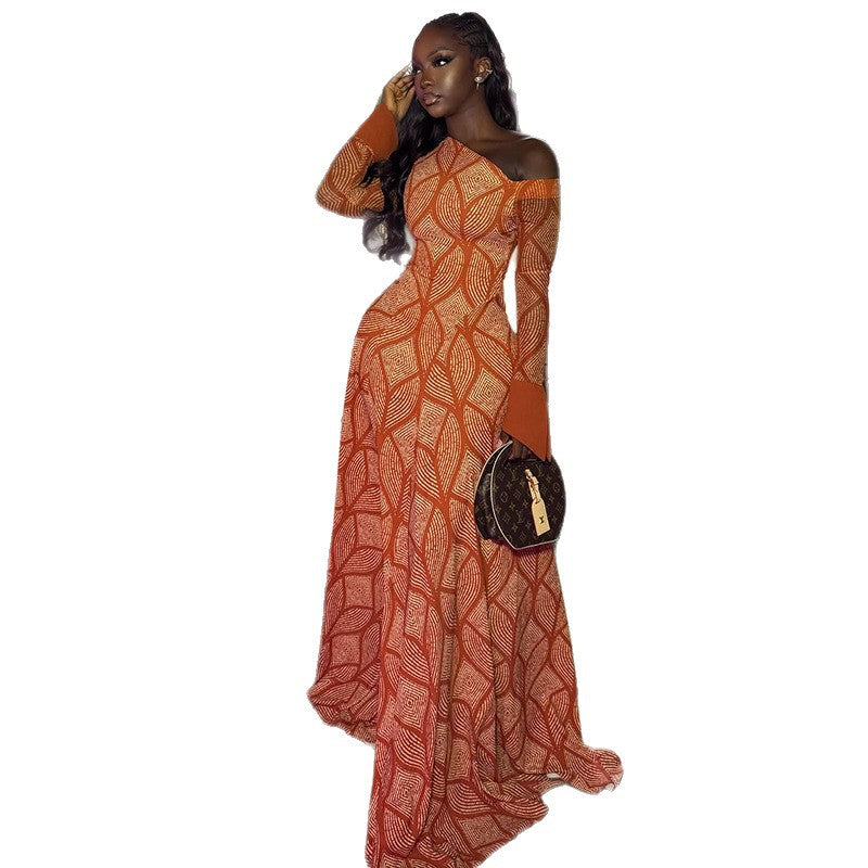 European and american style ins cross-border slimming fresh women's clothing pleated elegantwork clothing a-line skirt one-shoulder collar diagonal long sleevesdress
