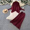 Lazy style red turtleneck knitting shirt skirt suit women's autumlong sleevesslimming looktwo-piece set atmosphere outfit