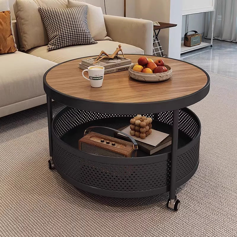 Accessible luxury style round small apartment movable coffee table living room for home slate small round table double-layer storage trolley