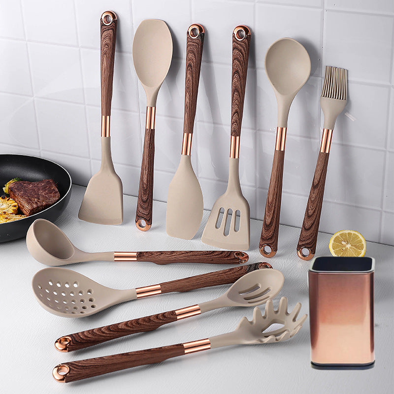 Cross-border spot wholesale wood grain silicone kitchenware set, shovel leak shovel spoon non-stick pan baking barbecue cooking