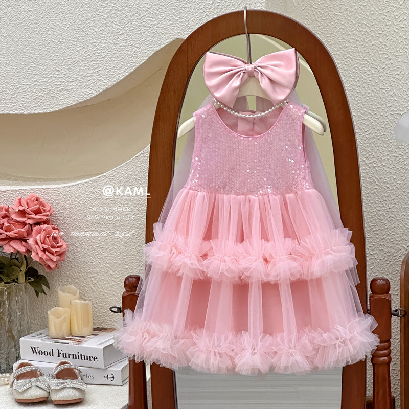 Girls' sequin mesh dress - new summer  style: chic tank dress, tiered cake dress, perfect birthday gift for your daughter