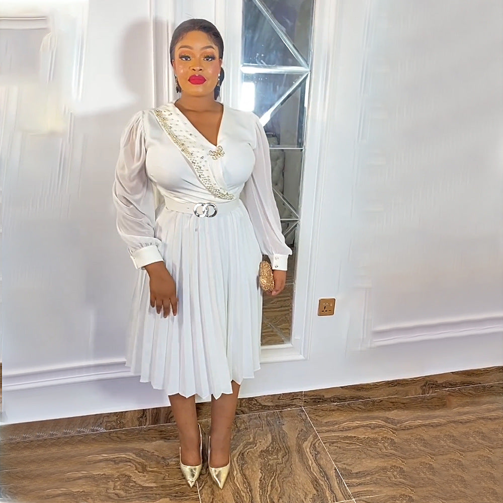 Fashionexport chiffon pleated skirt with belt african tiktok  women's clothing plus sizedress comes with brooch