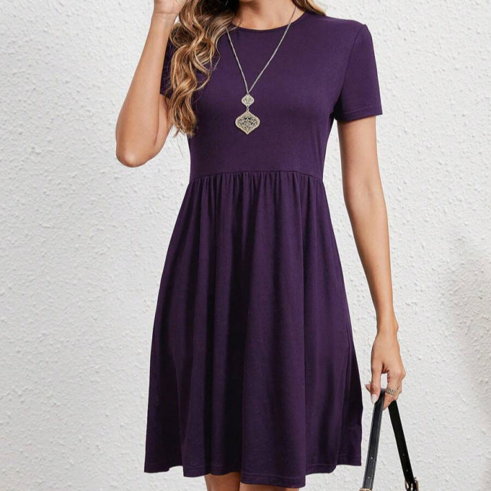 Women's european and american style minimalist solid color short sleeve dress - elegant round neck midi dress