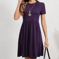 Women's european and american style minimalist solid color short sleeve dress - elegant round neck midi dress