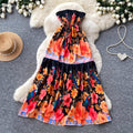 Vacation style halter large printingdress women's summer pure lust style high waistruffles cake skirt french long skirt