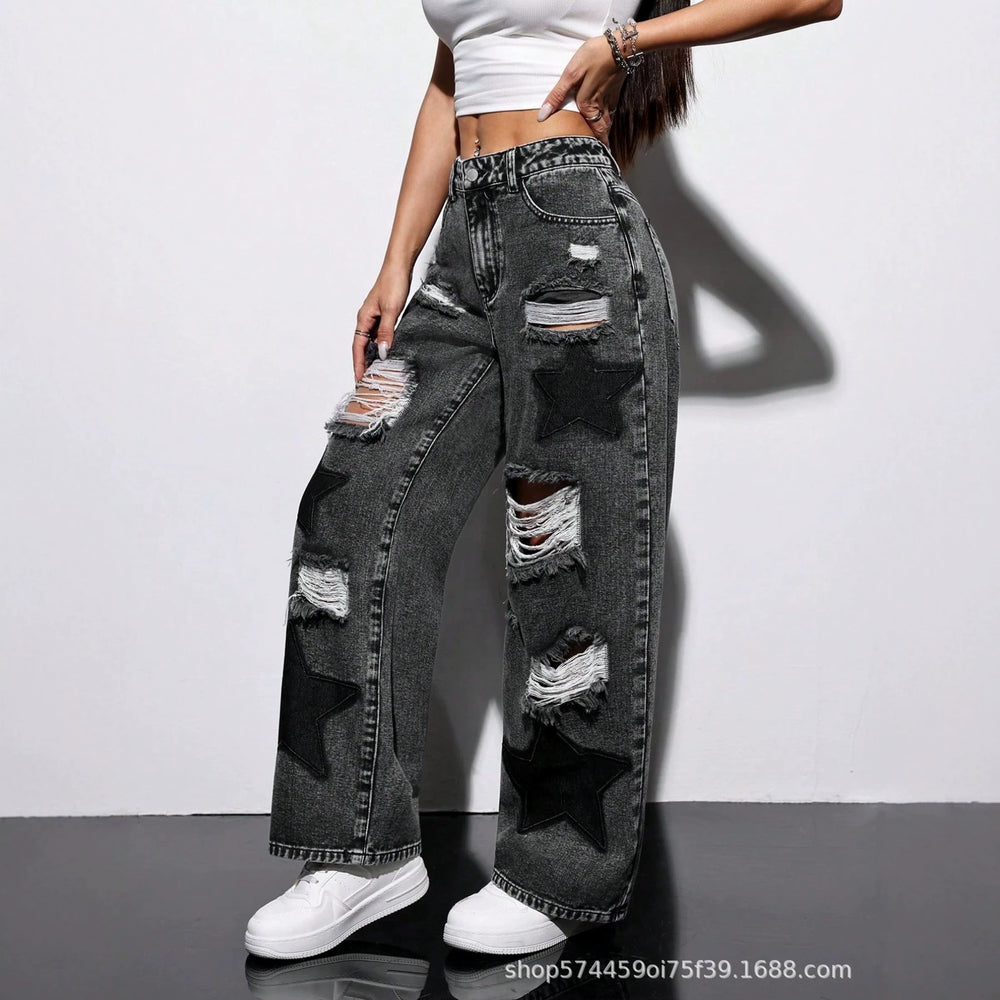 Plus size women's clothing  tiktok pinduoduo foreign trade cross-border fashion star ripped wide-leg jeans