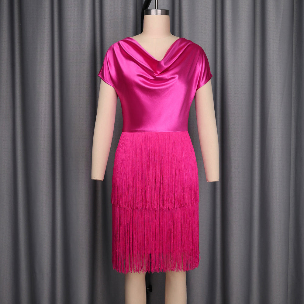 sexy waist slimming lookdress rose red satin tassel patchwork party wear party dress