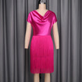sexy waist slimming lookdress rose red satin tassel patchwork party wear party dress