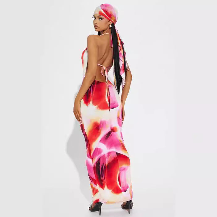 Amazon fashion cross-border women's summer  new sleeveless tie-back deep v sexy backless printed dress