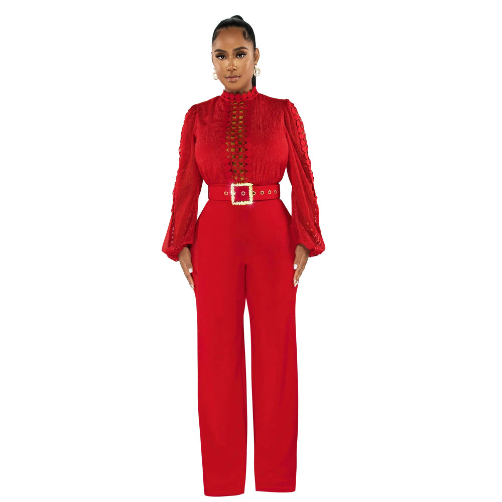 CY900533 European and American wish party style turtleneck hollow, perspective long-sleeved top, fashionable loose jumpsuit women