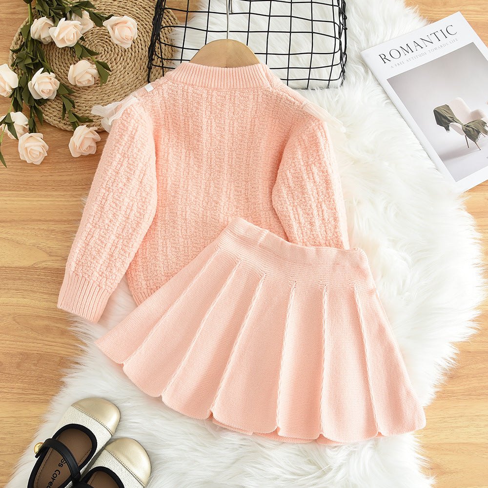 spring/autumn new girls' sweater set: designer lace jacquard knit top and midi skirt two-piece outfit