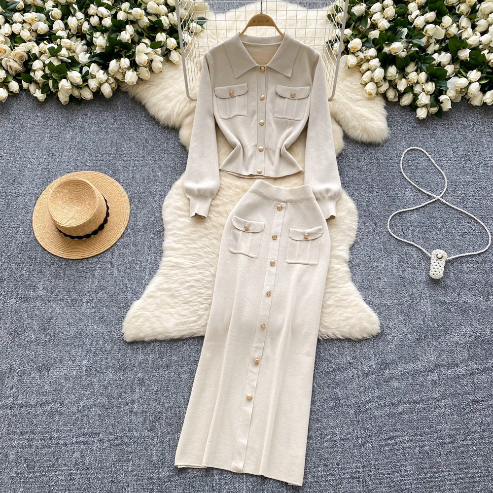 Xiaoxiangfeng two-piece set women's fall and winter styleeasiest for match metal buckle lapel knittingtops tight hip-covering skirt