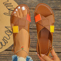 European and american plus size criss-cross strap flat sandals - women's retro color block wide band open toe beach sandals