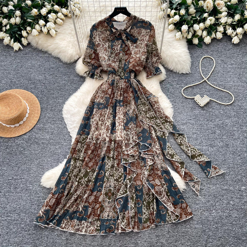 Vintage print short-sleeve dress women's long-sleeve a-line dress summer slimming waist elegant long dress