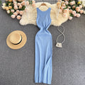 European and american style ins women's summer new sexy twist knot cleavage-enhancing hollow-out fashion two-way knitted dress