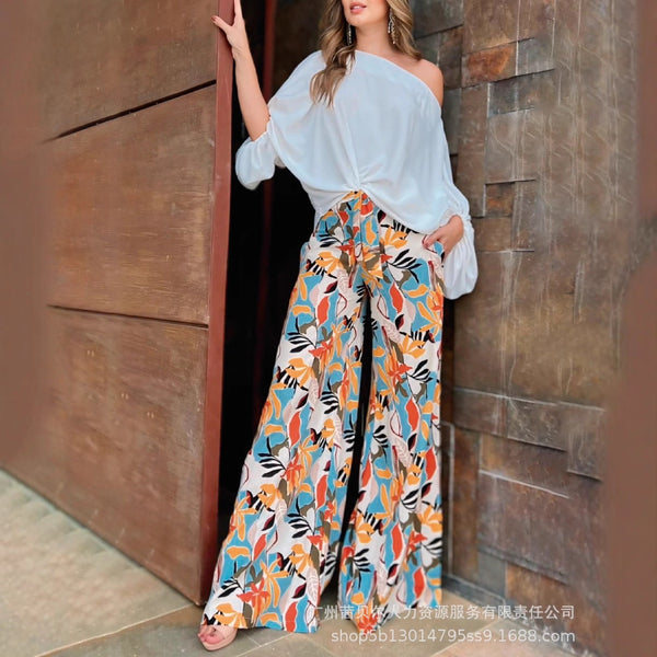 ODL2196 Women's Off-Shoulder Solid Color Top + Printed Wide Leg Pants Set