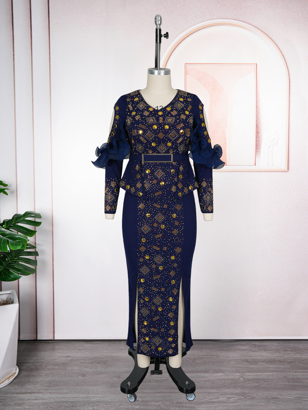 african women's plus size new elegant fashion rhinestone beaded bodycon dress evening gown