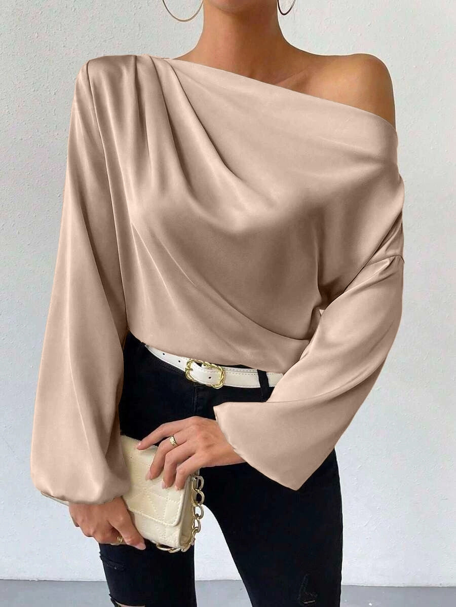 Asymmetrical long sleeve blouse - women's off-the-shoulder pullover top -  cross-border fashion - solid color satin long sleeve shirt