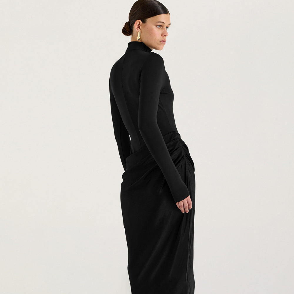 Europe and the United States  2025 summer new semi-turtleneck long-sleeved dress sexy spice slim fake two solid color long dress